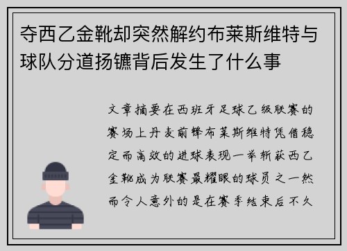 夺西乙金靴却突然解约布莱斯维特与球队分道扬镳背后发生了什么事